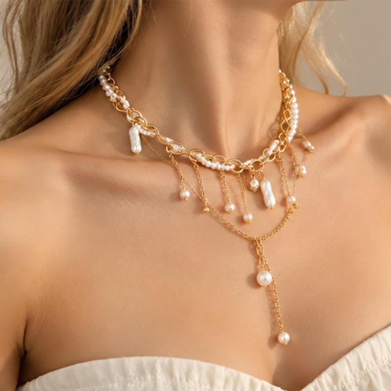 Olivenorma Whimsigoth Baroque Layered Tassel Imitation Pearl & Metal Chain Necklace - image 19