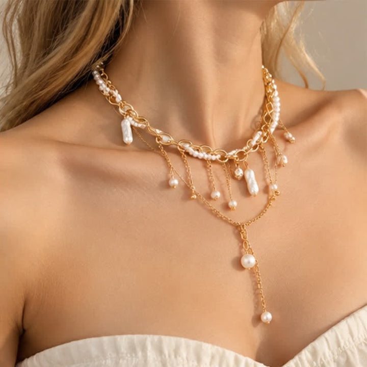 Olivenorma Whimsigoth Baroque Layered Tassel Imitation Pearl & Metal Chain Necklace - image 19