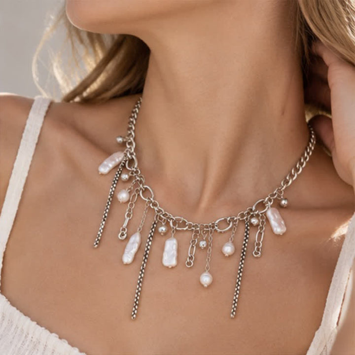 Olivenorma Whimsigoth Baroque Layered Tassel Imitation Pearl & Metal Chain Necklace - image 2