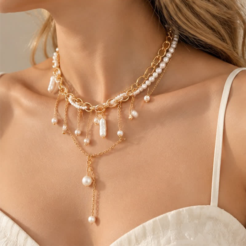 Olivenorma Whimsigoth Baroque Layered Tassel Imitation Pearl & Metal Chain Necklace - image 20
