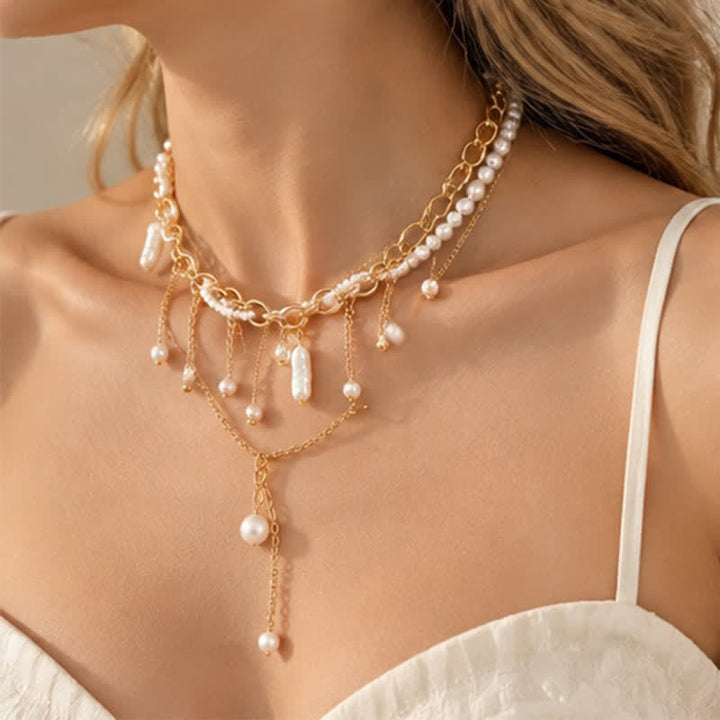 Olivenorma Whimsigoth Baroque Layered Tassel Imitation Pearl & Metal Chain Necklace - image 20