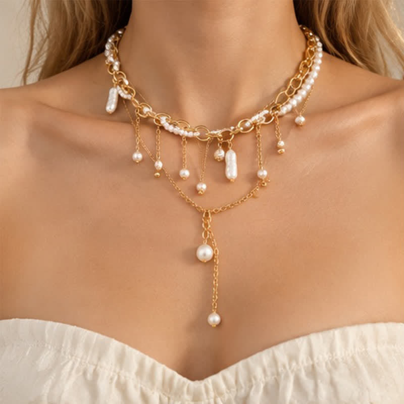 Olivenorma Whimsigoth Baroque Layered Tassel Imitation Pearl & Metal Chain Necklace - Golden - image 17