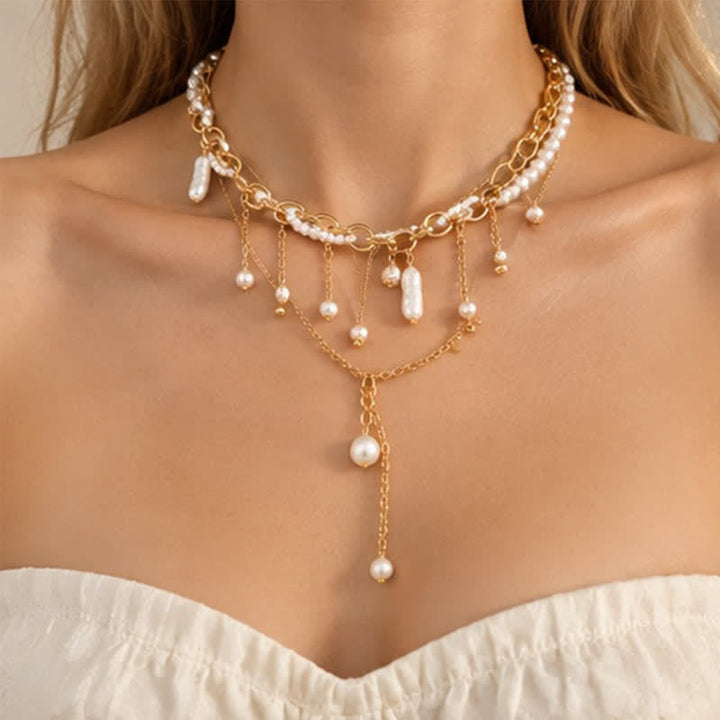 Olivenorma Whimsigoth Baroque Layered Tassel Imitation Pearl & Metal Chain Necklace - Golden - image 17