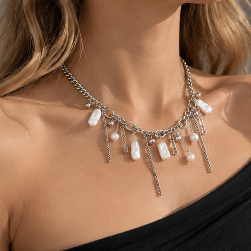 Olivenorma Whimsigoth Baroque Layered Tassel Imitation Pearl & Metal Chain Necklace - image 6