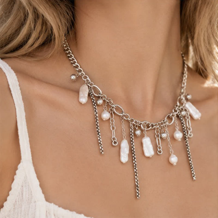 Olivenorma Whimsigoth Baroque Layered Tassel Imitation Pearl & Metal Chain Necklace - image 1