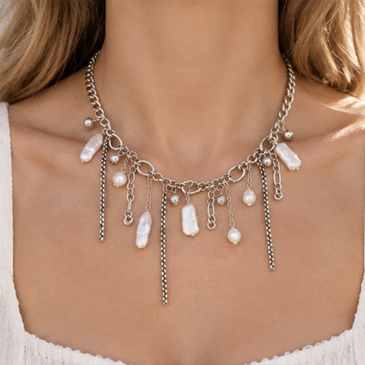 Olivenorma Whimsigoth Baroque Layered Tassel Imitation Pearl & Metal Chain Necklace - image 3