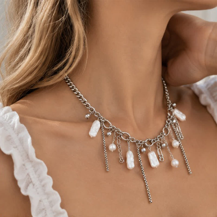 Olivenorma Whimsigoth Baroque Layered Tassel Imitation Pearl & Metal Chain Necklace - image 4