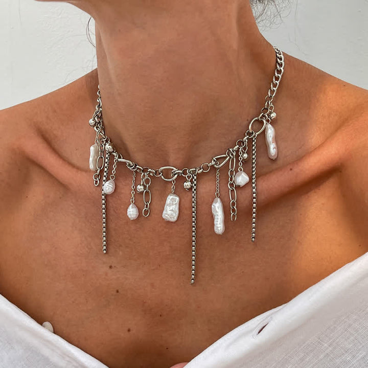 Olivenorma Whimsigoth Baroque Layered Tassel Imitation Pearl & Metal Chain Necklace - Silver - image 0