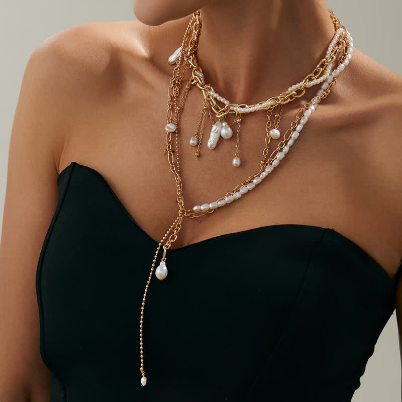 Olivenorma Whimsigoth Baroque Layered Tassel Imitation Pearl & Metal Chain Necklace - image 18