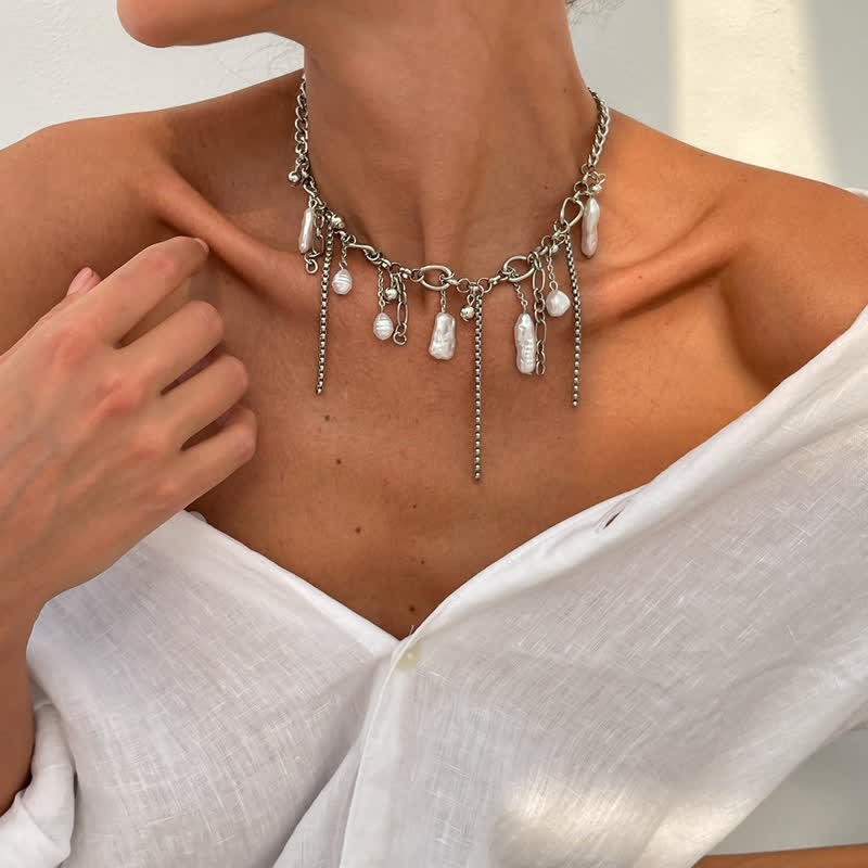 Olivenorma Whimsigoth Baroque Layered Tassel Imitation Pearl & Metal Chain Necklace - image 7
