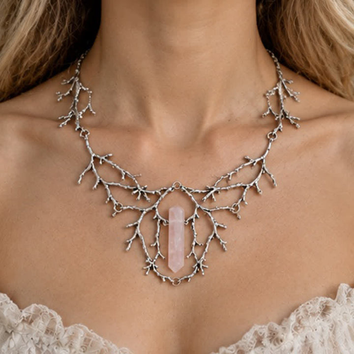 Olivenorma Witchy Forest Twig Black Tourmaline Rose Quartz Fluorite Opal Necklace - Rose Quartz - image 0