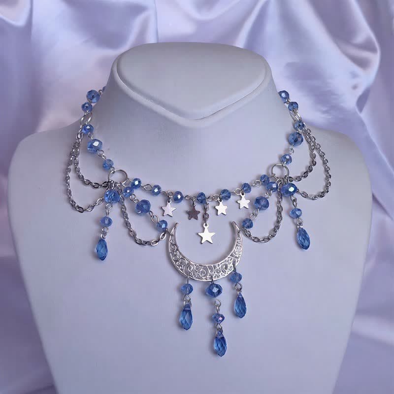 Olivenorma Witchy Moon Star Layered Tassel Blue & Black Quartz Necklace - image 3