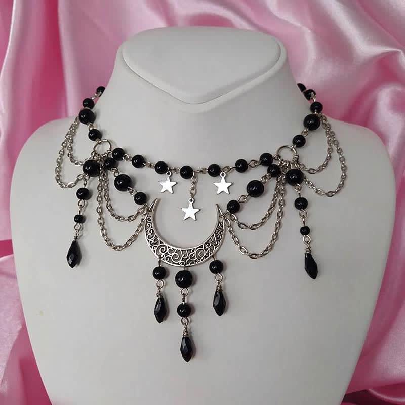 Olivenorma Witchy Moon Star Layered Tassel Blue & Black Quartz Necklace - image 8