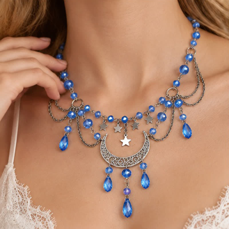 Olivenorma Witchy Moon Star Layered Tassel Blue & Black Quartz Necklace - image 1