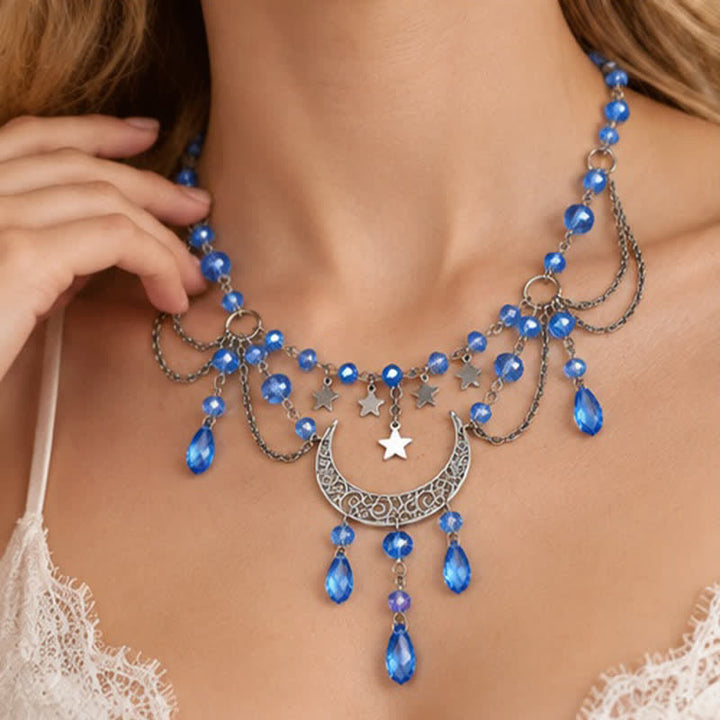 Olivenorma Witchy Moon Star Layered Tassel Blue & Black Quartz Necklace - image 1