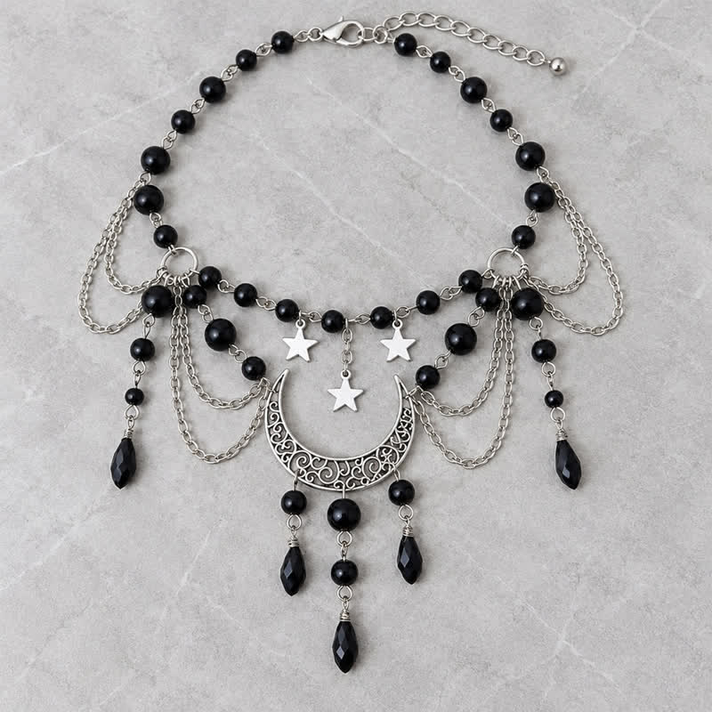 Olivenorma Witchy Moon Star Layered Tassel Blue & Black Quartz Necklace - image 9