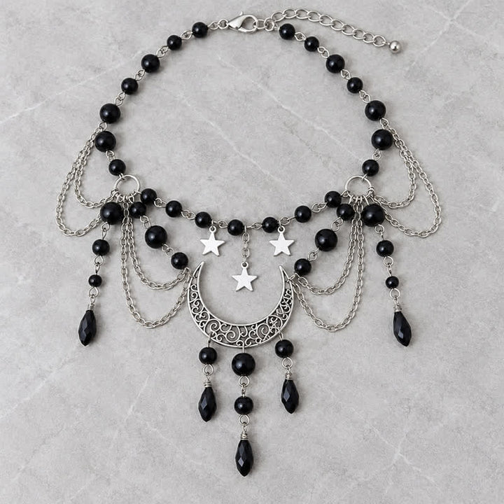 Olivenorma Witchy Moon Star Layered Tassel Blue & Black Quartz Necklace - image 9