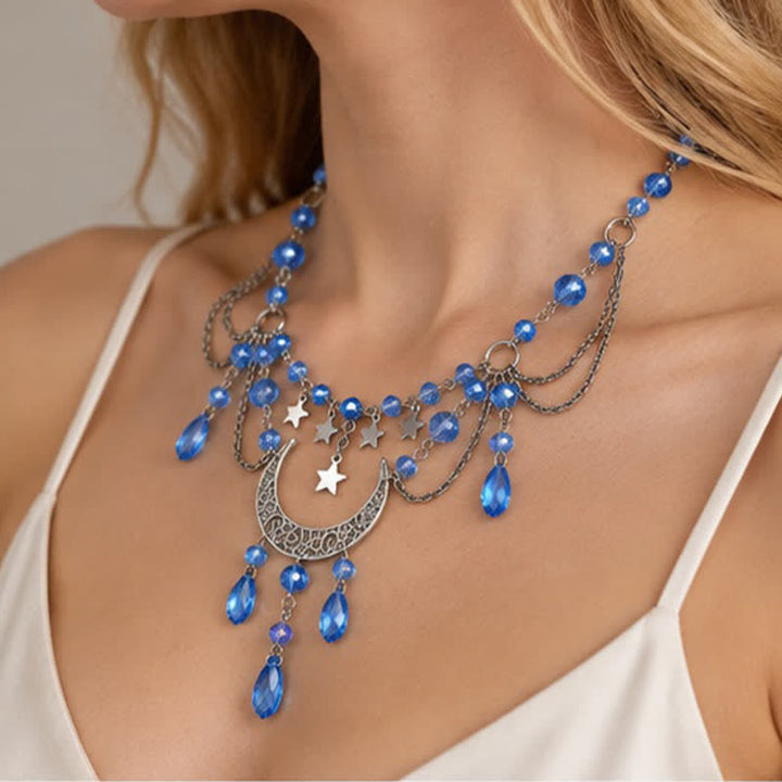Olivenorma Witchy Moon Star Layered Tassel Blue & Black Quartz Necklace - image 2