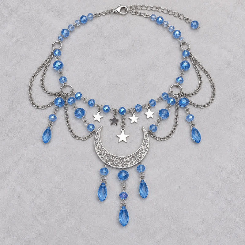 Olivenorma Witchy Moon Star Layered Tassel Blue & Black Quartz Necklace - image 4