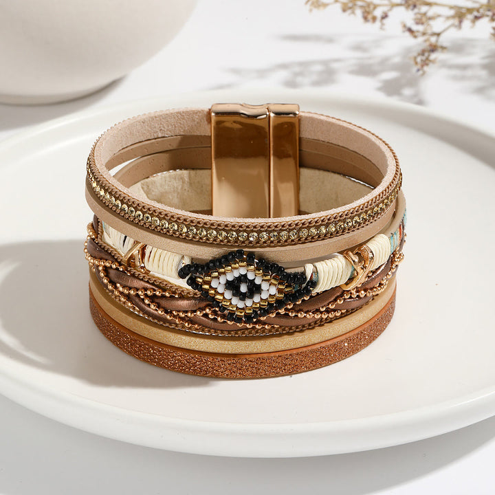 Olivenorma Zircon Rice Beads Woven Evil Eye Metal Wide Bracelet - Khaki&Evil Eye - image 0