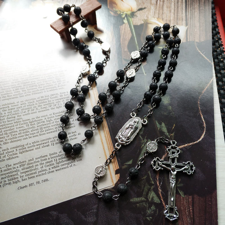 Olivenorma Lava Stone Catholic Cross Pendant Rosary Necklace - image 4