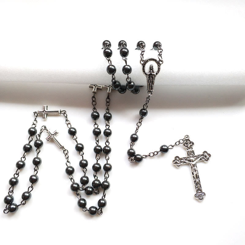 Olivenorma Hematite Jesus Medal Cross Rosary Necklace - image 4