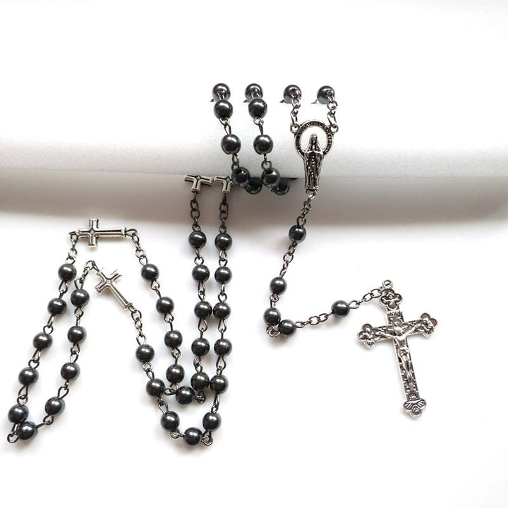 Olivenorma Hematite Jesus Medal Cross Rosary Necklace - image 4