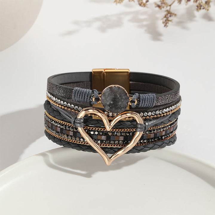 Olivenorma Multicolor Crystal Cluster Metallic Heart Braided Leather Bracelet - Grey - image 9