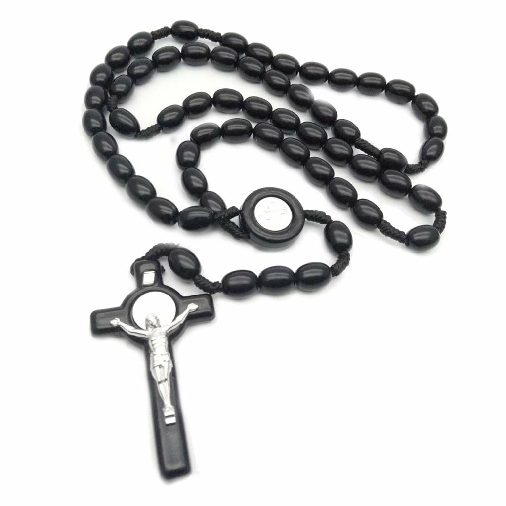 Olivenorma Wooden Beads Rosary Cross Necklace  - Black - image 1