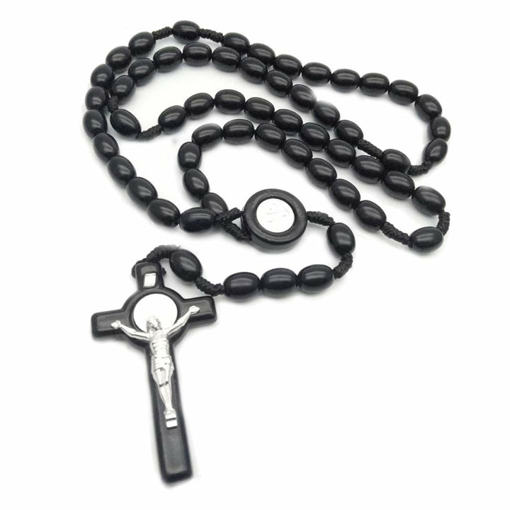 Olivenorma Wooden Beads Rosary Cross Necklace  - Black - image 1