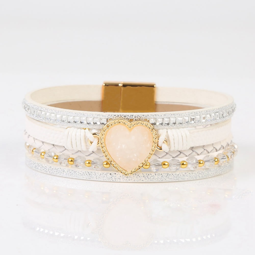 Olivenorma Heart Shape Cluster Multilayer Braided Leather Bracelet - Clear Crystal - image 0