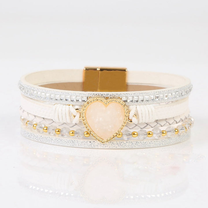 Olivenorma Heart Shape Cluster Multilayer Braided Leather Bracelet - Clear Crystal - image 0