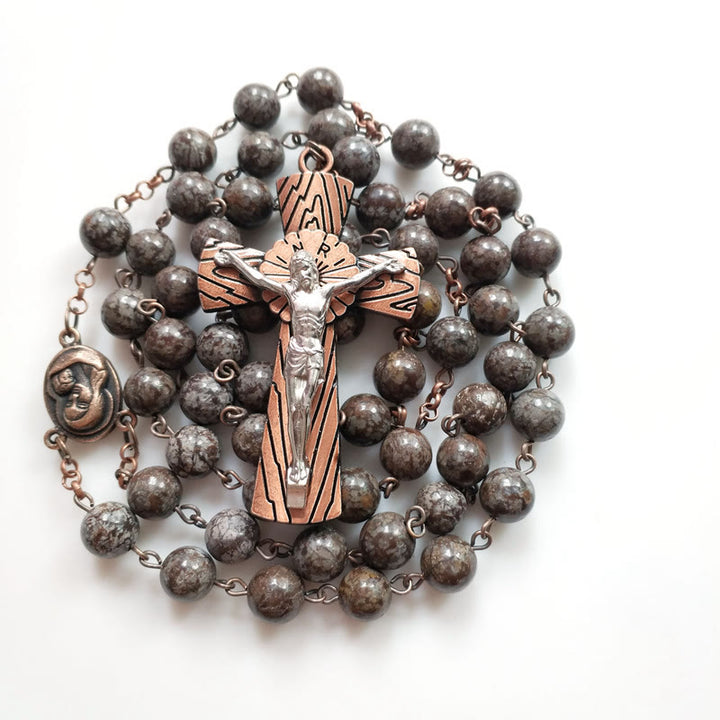 Olivenorma Snowflake Obsidian Jesus Cross Rosary Necklace - image 3