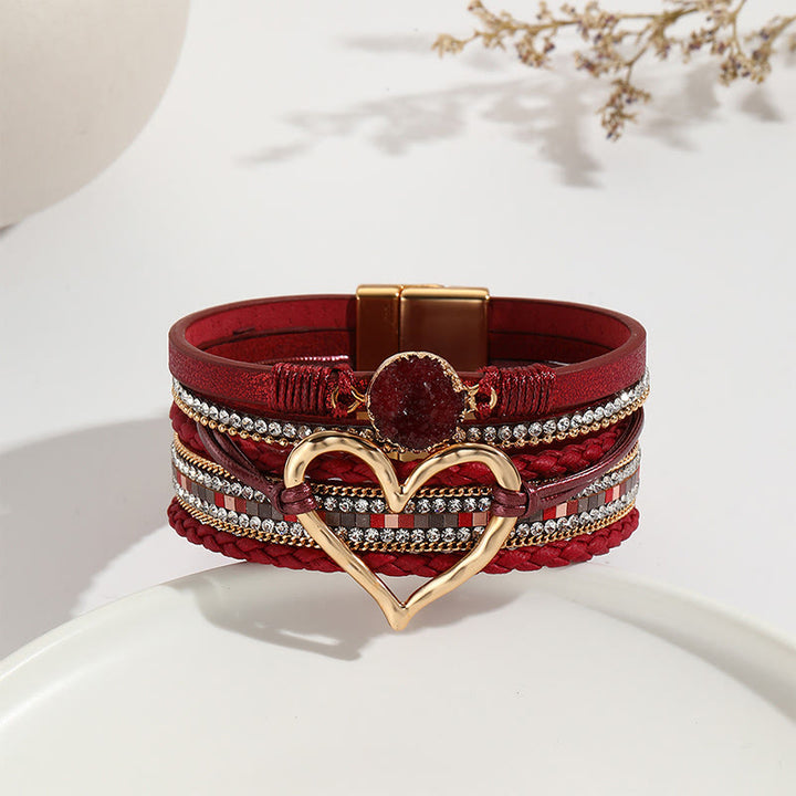 Olivenorma Multicolor Crystal Cluster Metallic Heart Braided Leather Bracelet - Brick Red - image 4