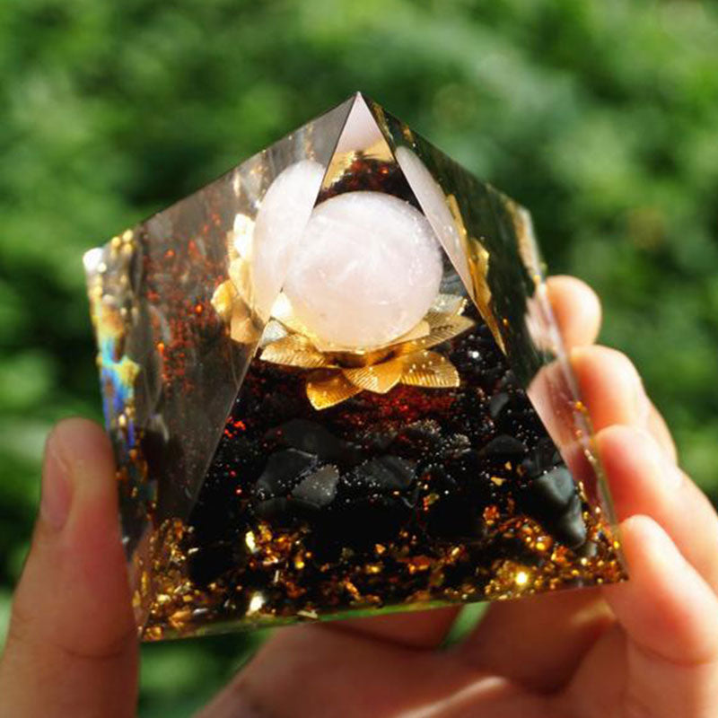 Clear Quartz Obsidian Lotus Symbol Orgone Pyramid - image 3