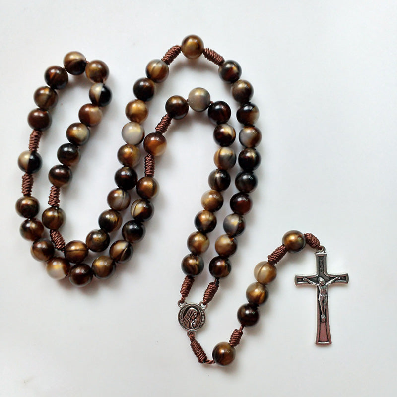 Olivenorma 10mm Agate Beads Jesus Cross Pendant Rosary Necklace - image 4