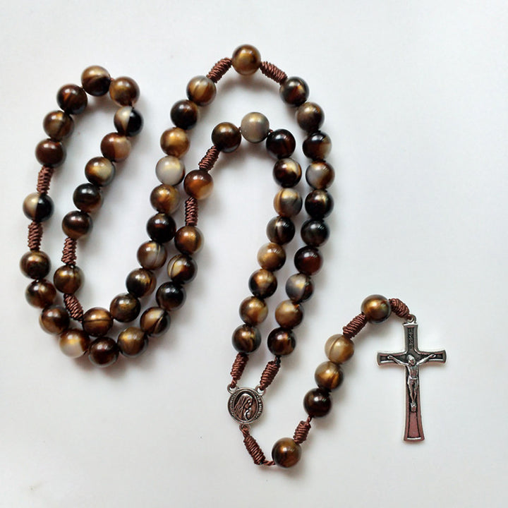 Olivenorma 10mm Agate Beads Jesus Cross Pendant Rosary Necklace - image 4