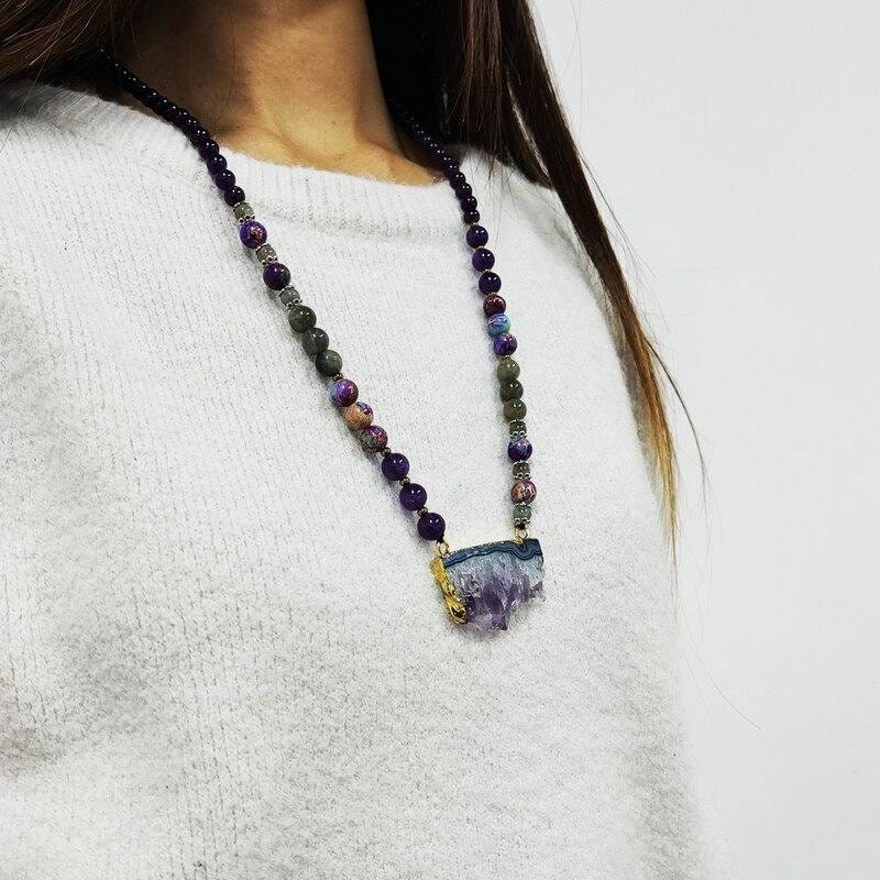 Olivenorma Rainbow Fluorite Amethyst Emperor Labradorite Mala Beaded Necklace - image 2