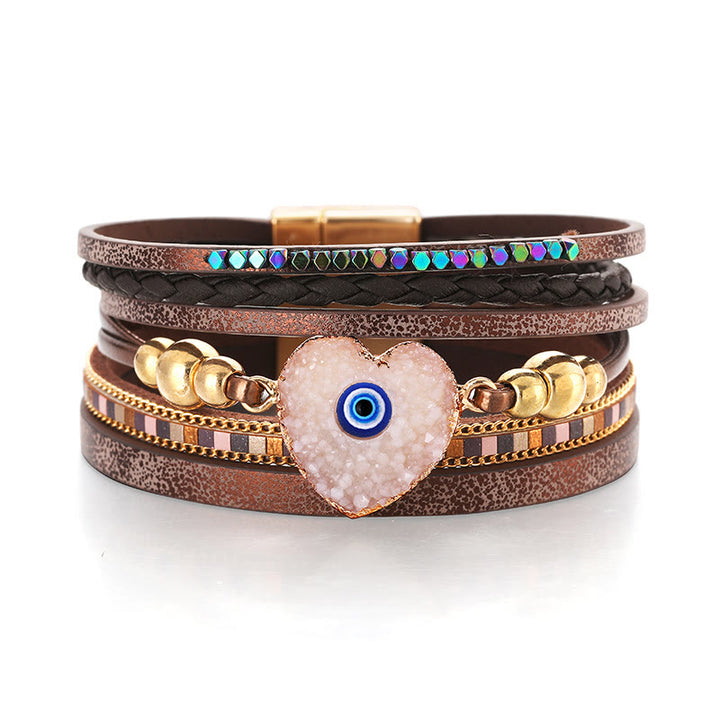 Olivenorma "Triple Protection" Heart Crystal Gold Bead Evil Eye Bracelet  - Light Brown - image 0