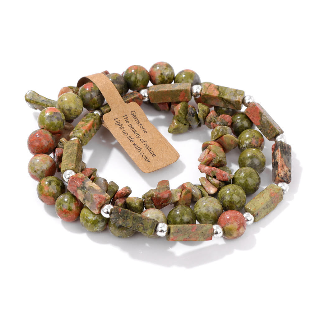 Olivenorma Natural Stone Irregular Three Layer Bracelet Set - Unakite - image 5
