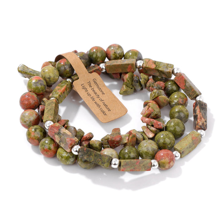 Olivenorma Natural Stone Irregular Three Layer Bracelet Set - Unakite - image 5