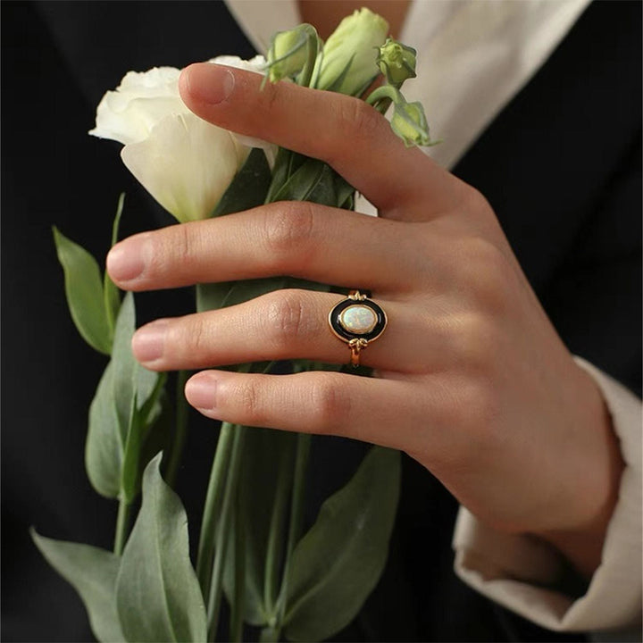 Olivenorma Dainty Opal Black Epoxy Vintage Ring - image 4