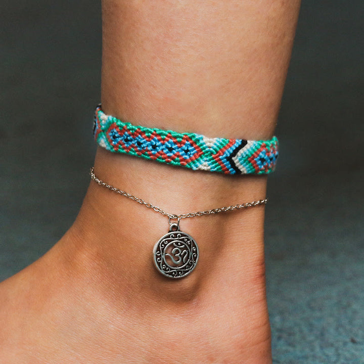 Olivenorma Handwoven Cotton Rope OM Pendant Bracelet Anklet - Blue - OM Symbol - image 4