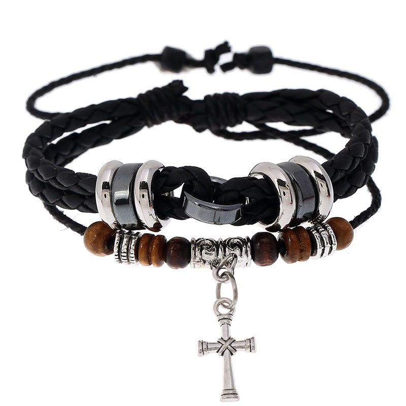 Olivenorma Adjustable Multi Layered Braided Woven Leather Cross Bracelet - Tiger Eye - Black - image 0
