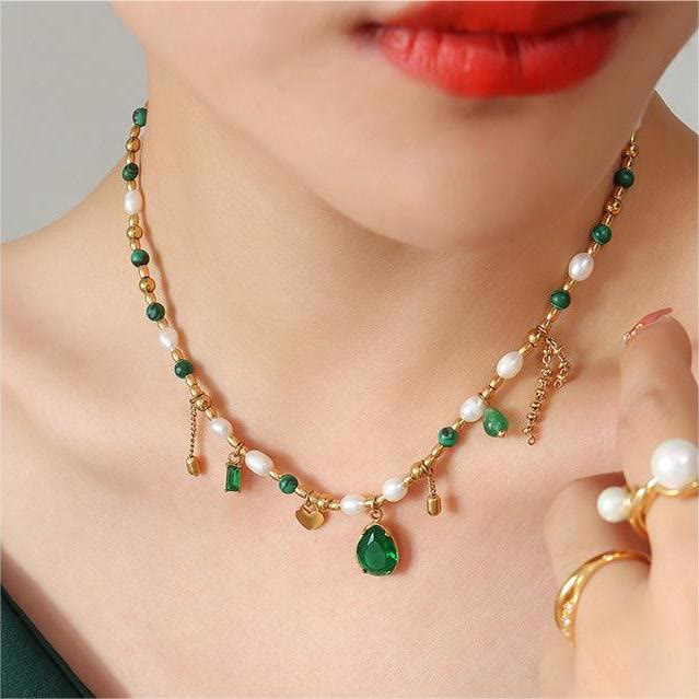 Olivenorma Emerald Pearl Beaded Non Fading Gold Necklace - image 6