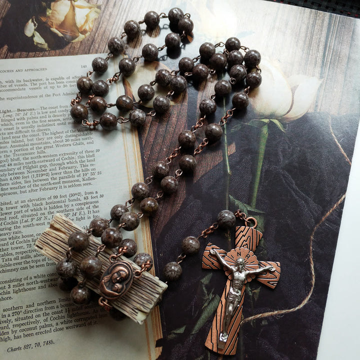 Olivenorma Snowflake Obsidian Jesus Cross Rosary Necklace - Snowflake Obsidian&Cross - image 0