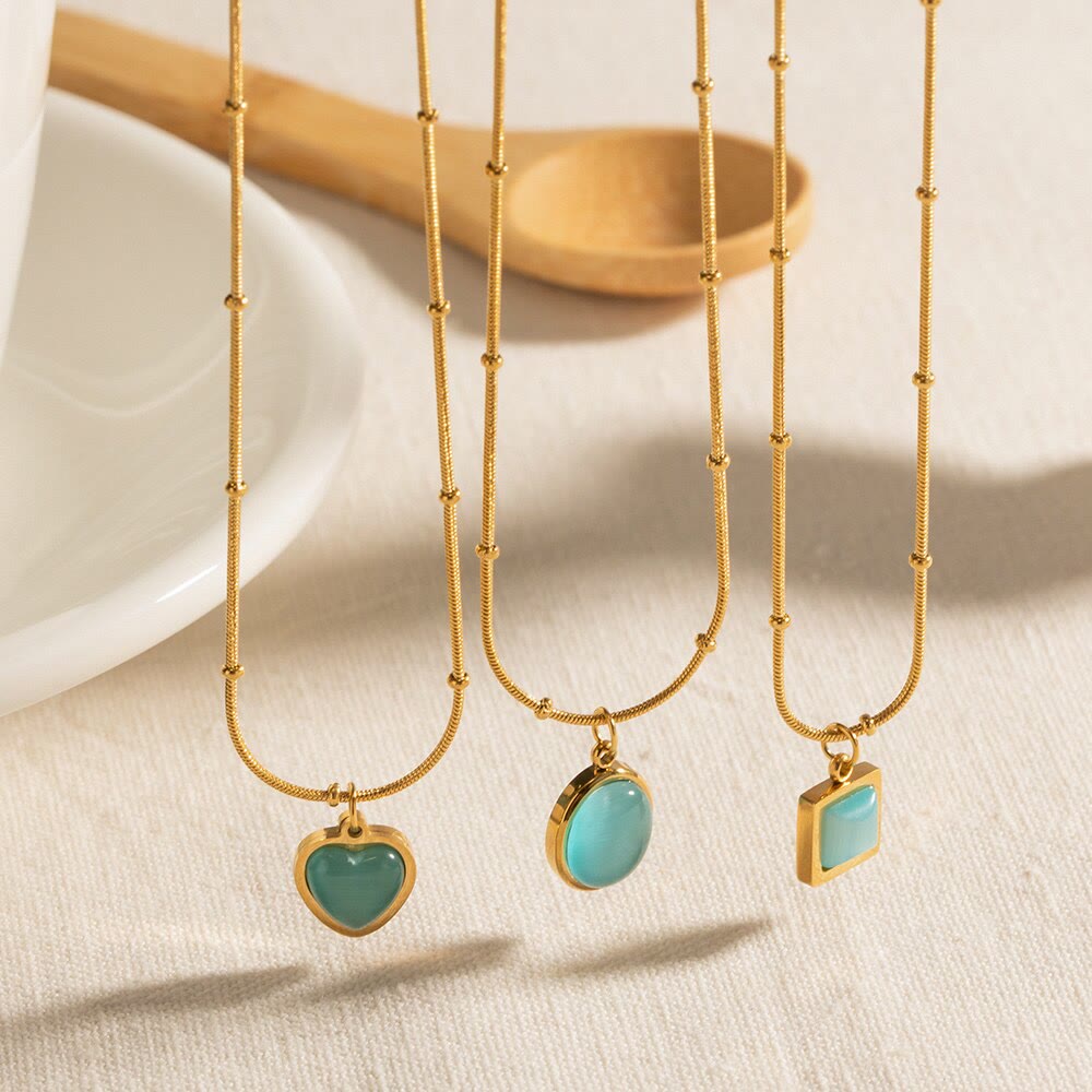 Olivenorma Blue Cat's Eye Stone Heart Square Pendant Necklace - image 7