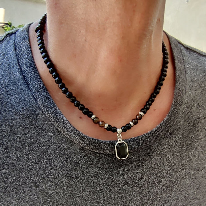 Olivenorma Tiger Eye Obsidian Beaded Men Titanium Steel Necklace - image 2