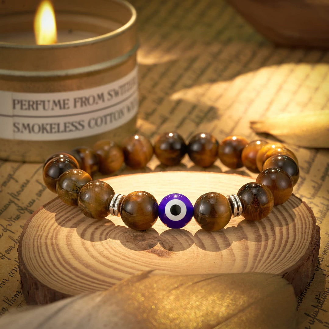 Olivenorma Tiger Eye Obsidian Evil Eye Beaded Mens Bracelet - image 1