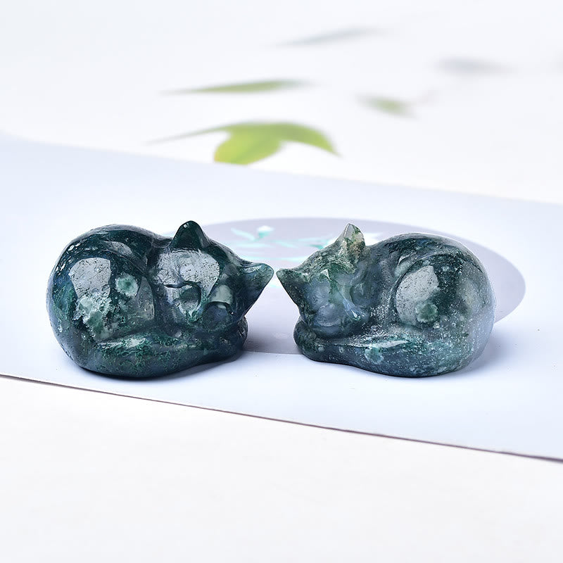 Olivenorma Moss Agate Sleeping Cat Carving Gemstone Decoration - image 0